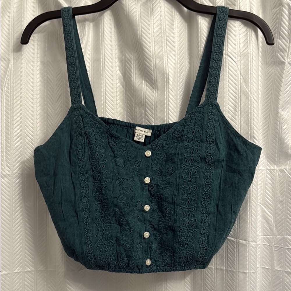 American Eagle Outfitters Dark Green Button-Front Crop Top